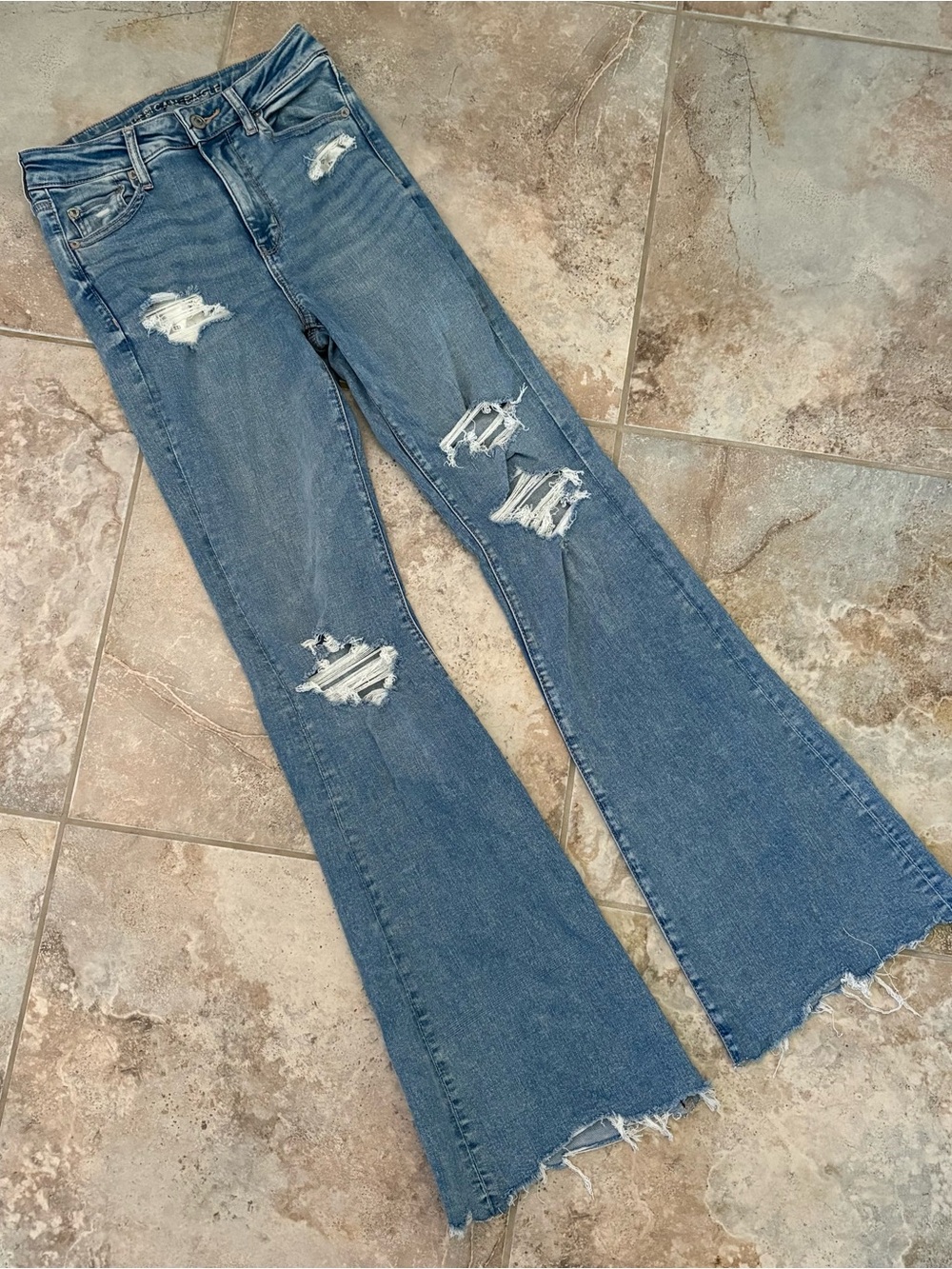 American Eagle Stretch Light Wash Distressed High Waisted Flare Jeans 4 Long